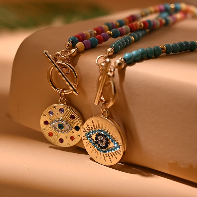 Colorful Stone Choker Necklace for Women Evil Charm Pendant Fashion Jewelry