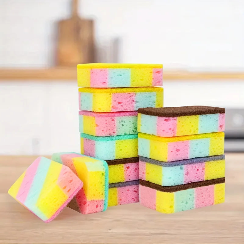 6pcs Color-Blocking Dishwashing Cloths Double-Sided Scrubbing Sponges