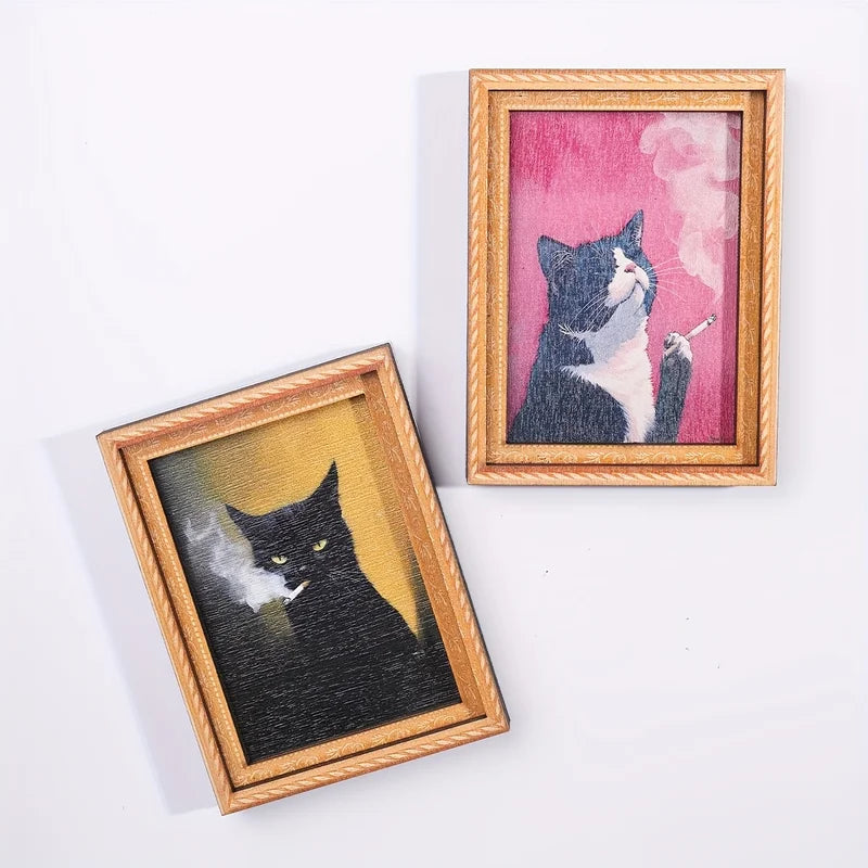 Vintage Magnetic Photo Frame - Wooden Cat Art Oil Painting Style Fridge Magnet