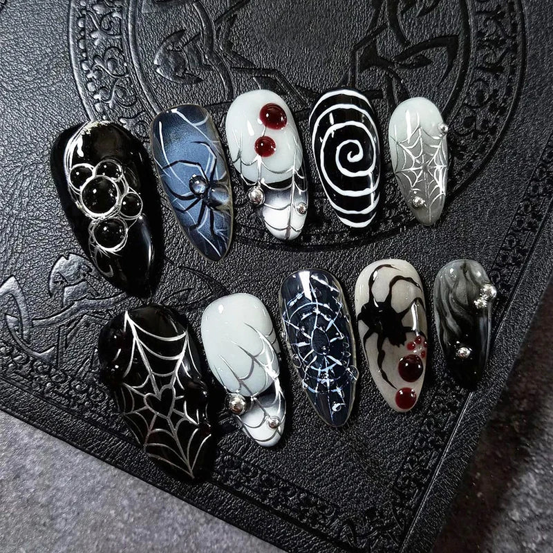 30PCS Halloween Spider Web False Nails French Tips Medium Almond for Women