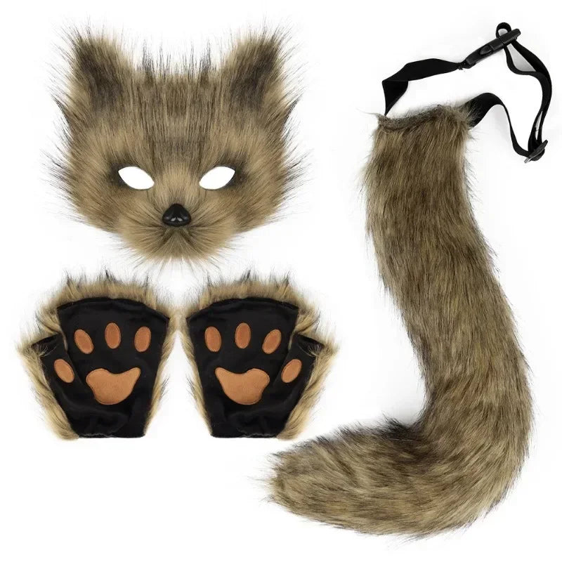 Fox Half Face Mask with Tail and Gloves Costume Set for Halloween Cosplay