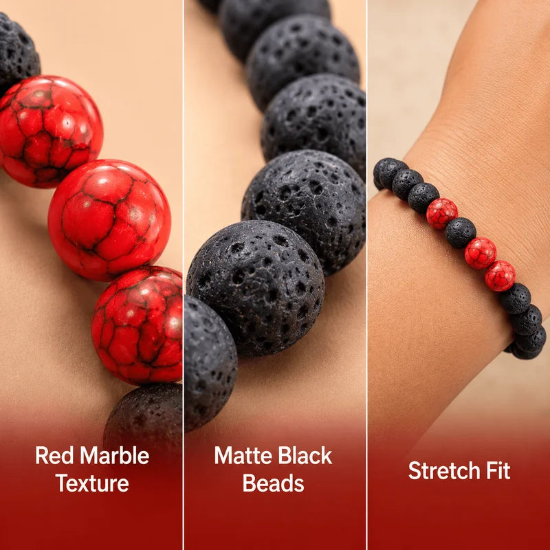 Red and Black Beaded Bracelet with Red Stone-Like Textures - Gift Ready