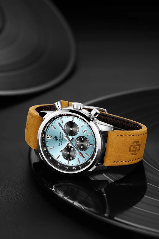 Luxury Men's Sport Watch with Sky Blue Dial Waterproof Chronograph Leather Strap