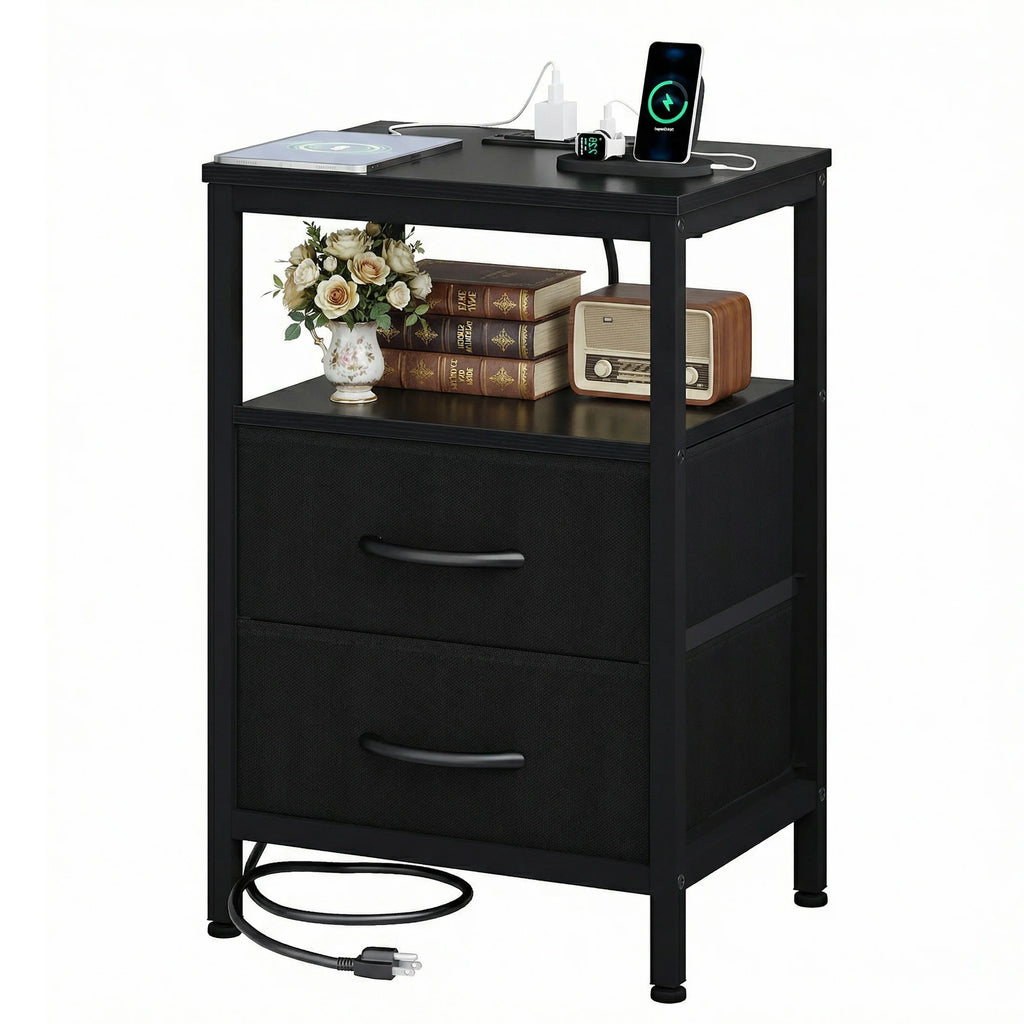 Nightstand with Fabric Drawers and Built-In USB Charging Station - Space-Saving Bedside Table