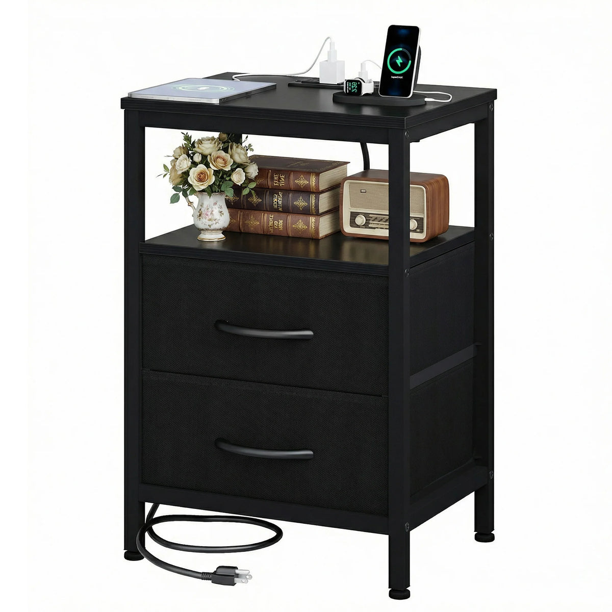 Fabric Drawers Nightstand with USB Charging Station - Bedside Storage End Table