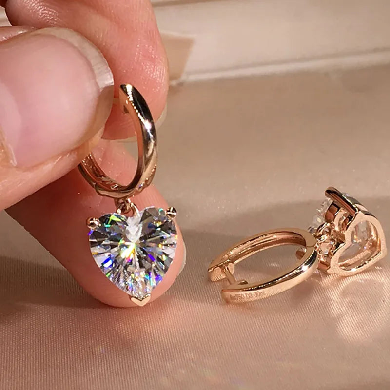 Gold Hoop Earrings Heart Shape Zircon Dangle Jewelry for Women & Girls