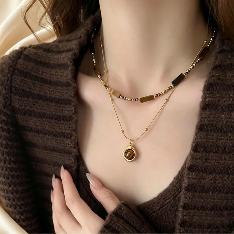 Retro Tiger Eye Pendant Necklace for Women Jewelry Layered Collarbone Chain