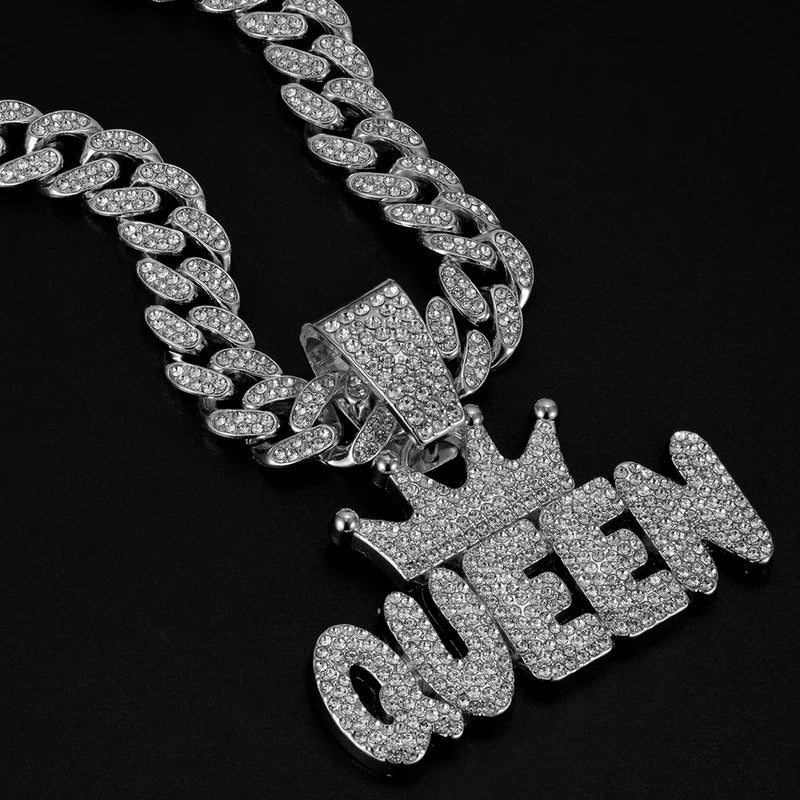 Men's Hip Hop Crown Pendant Necklace with QUEEN Letter Cuban Chain Bling Jewelry