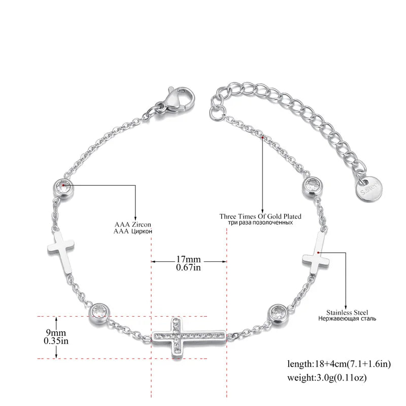 Stainless Steel Cross Charm Bracelet for Women 18K Gold Plated Wedding Jewelry