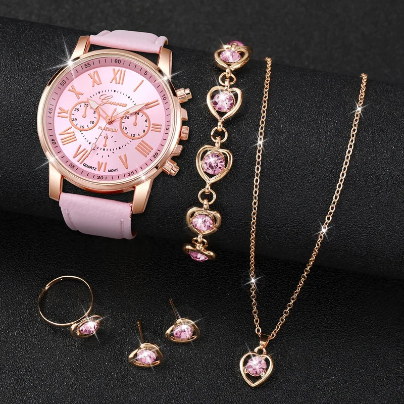 Fashion Women's Quartz Wrist Watch Set with Leather Band and Jewelry Accessories