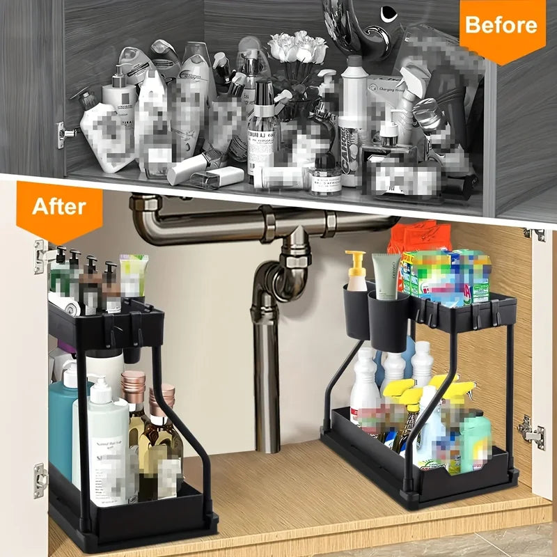 R-Shaped 2-Tier Pull Out Storage Box - Large Capacity Kitchen & Bathroom Organizer