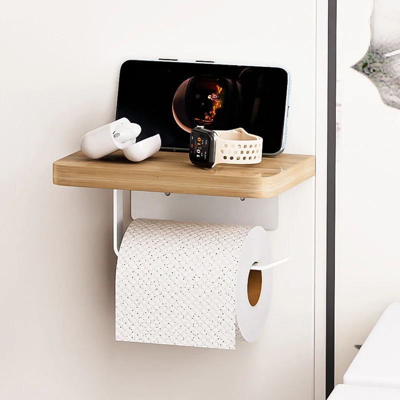 Solid Wood Toilet Paper Holder No Punch for Bathroom Tissue and Paper Roll