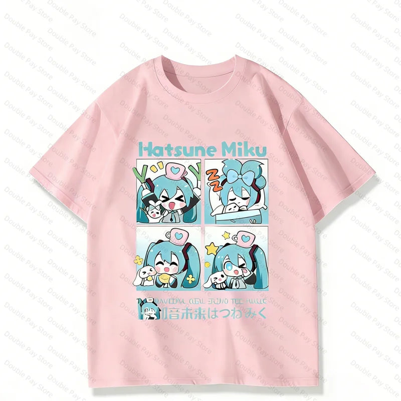 Cute Hatsune Miku Cartoon T-Shirt Anime Kawaii Graphic Casual Top for Kids & Adults