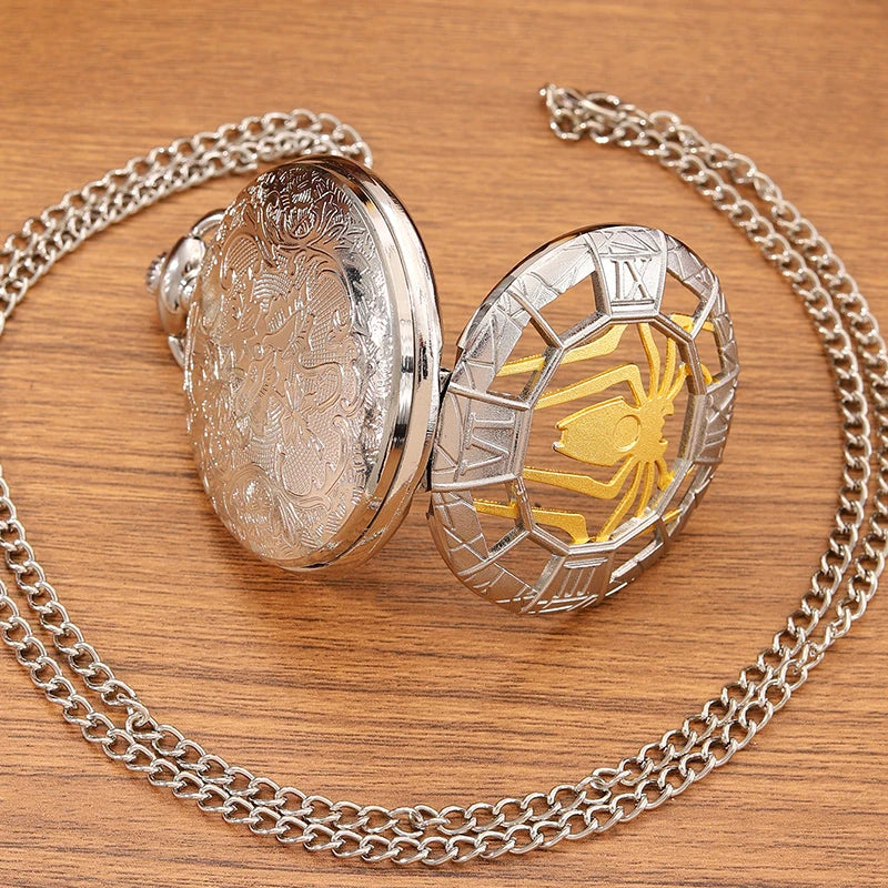 Antique Skeleton Spider Pocket Watch Necklace with Roman Numerals - Men's & Women's Chain Gift