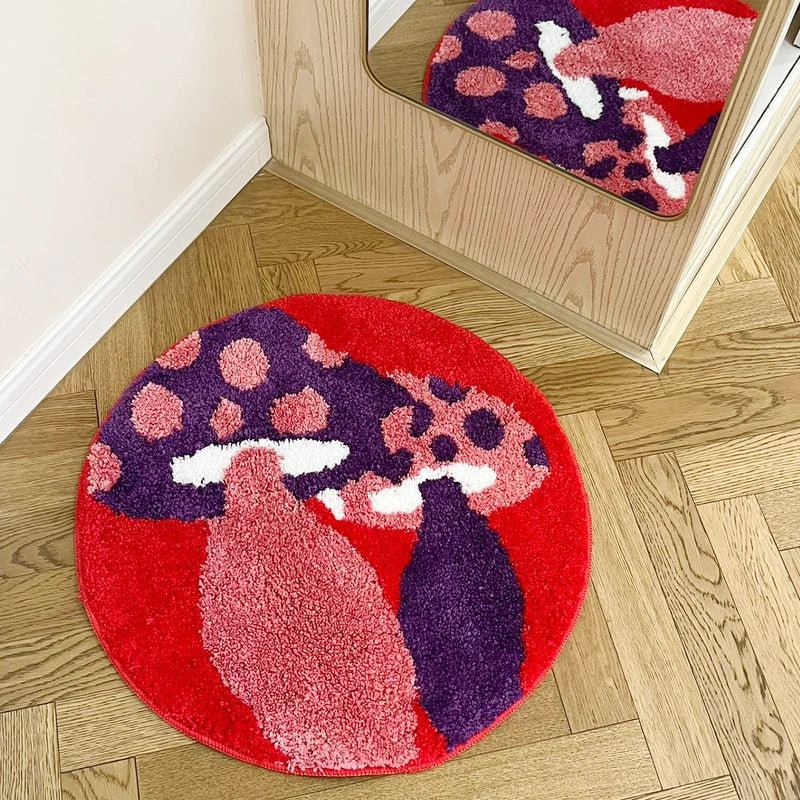 Red Psychedelic Mushroom Tufted Rug Anti-Slip Trippy Bedroom Handmade Carpet
