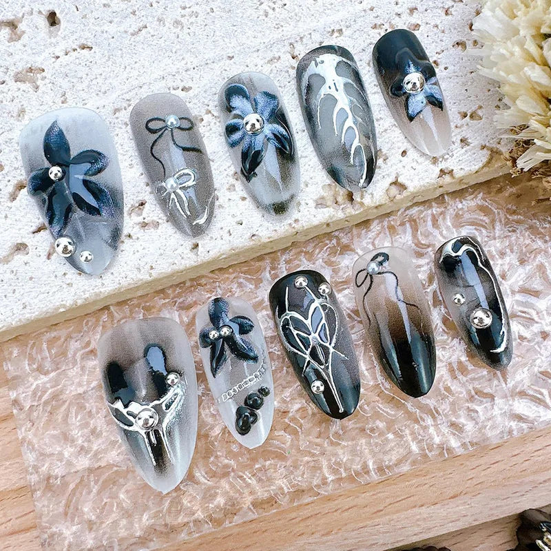 24Pcs Black Gothic Press On Nails Medium Almond Fake Nails with 3D Flowers & Gradient Designs