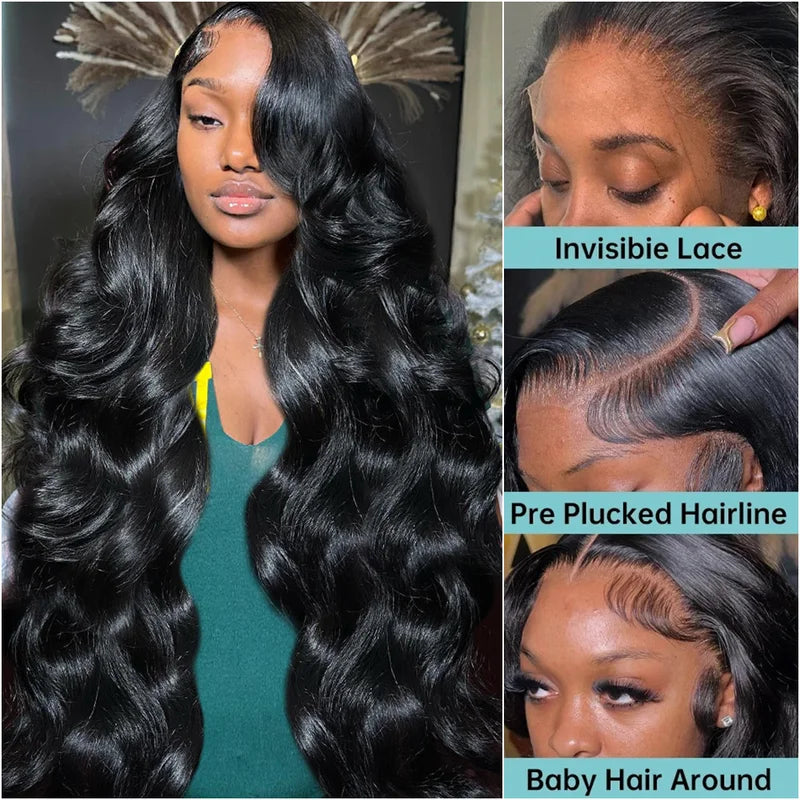 Long Body Wave Human Hair Wig 13x6 HD Transparent Lace Front 40 Inch Pre-Plucked 220 Density