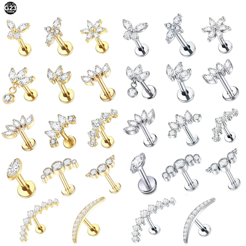 5-Piece Titanium CZ Ear Jewelry Set for Tragus Helix Daith Lip Lobe Ring Body Piercing