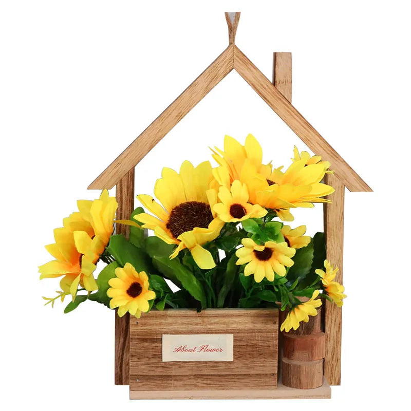 European Wooden Wall Planter with Rustic Hanging Basket for Living Room Decor