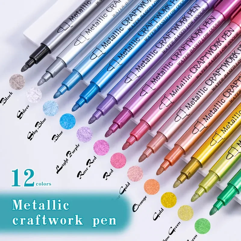 Metallic Paint Markers Set - Silver, Gold, 12 Colors for Black Paper Glass Rock Art