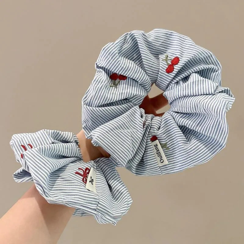 2pcs Blue Striped Red Bow Cherry Hair Scrunchies - Soft, Elastic & Gentle Hair Ties