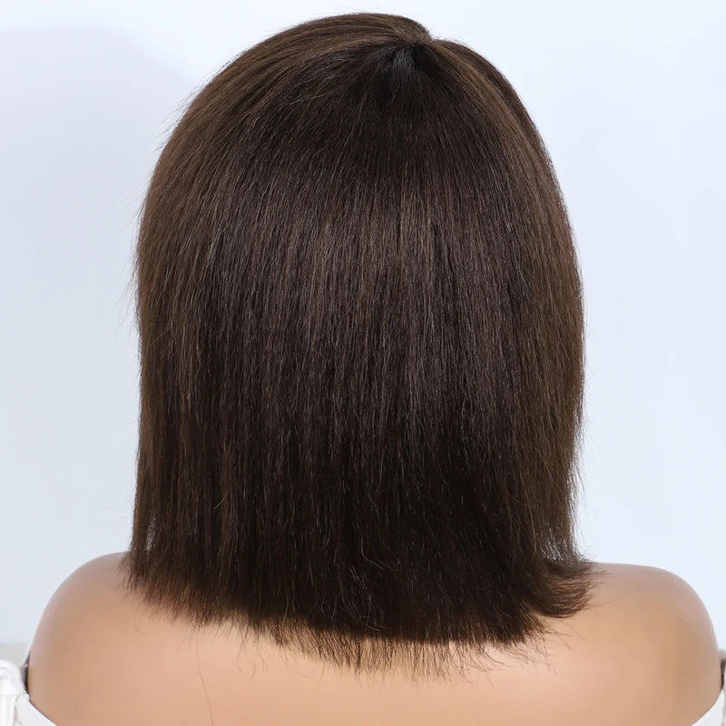 Kinky Straight Bob Wigs for Women 12 Inch Human Hair Natural Brown