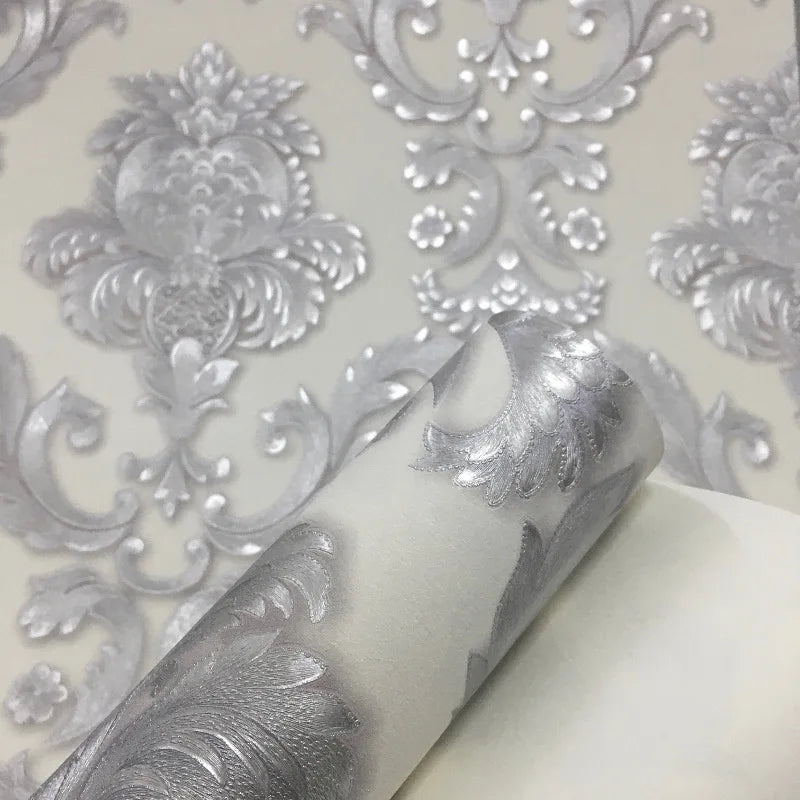 3D Damask Pattern Wallpaper Roll Embossed PVC Wall Covering for Living Room & Bedroom