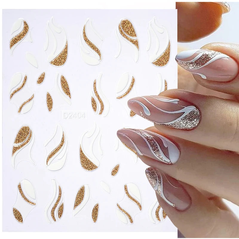 French Nail Stickers with Gold Silver Stripes Waves Ribbons Reflective Powder Decals