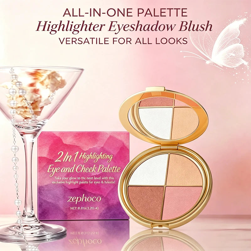 2-in-1 Highlighting Eye & Cheek Palette - Soft Shimmery Tones, Blendable Makeup Kit