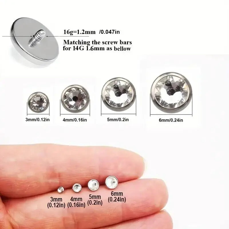 16PCS Crystal Dermal Anchor Tops 3-6mm Surface Piercing Skin Base - Surgical Steel