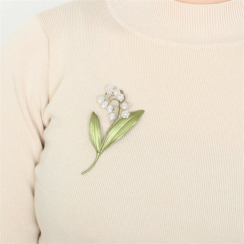 Pastoral Style Lily of The Valley Pearl Brooch Green Leaf Plant Jewelry