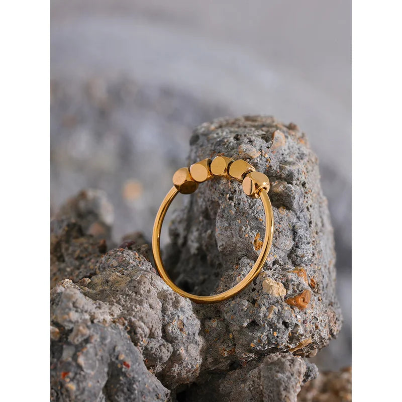 Stainless Steel Square Beaded Ring for Women - Gold Silver Color Jewelry