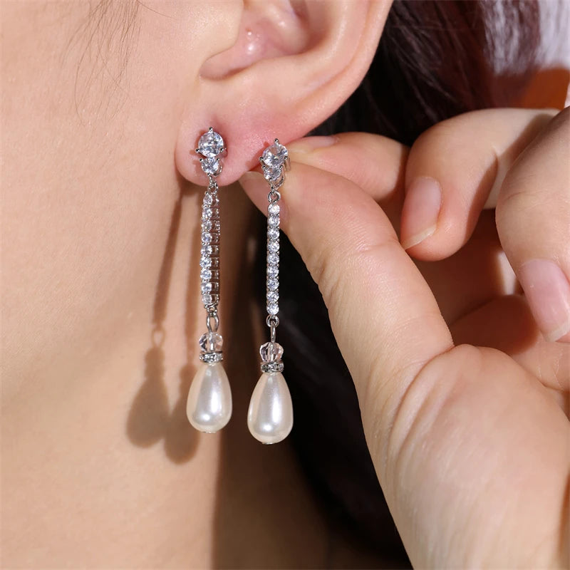 Elegant Pearl Drop Earrings for Women Bridal Wedding Jewelry with Zircon Shine