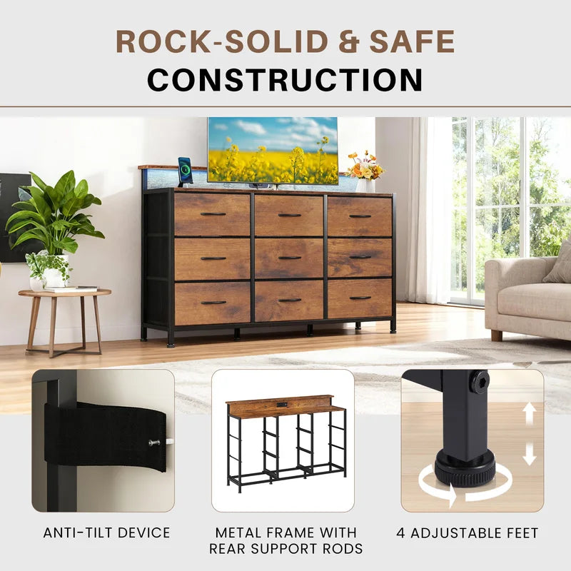 Living Room TV Stand Cabinet with 9 Fabric Drawers and Wood Top, Modern Media Console