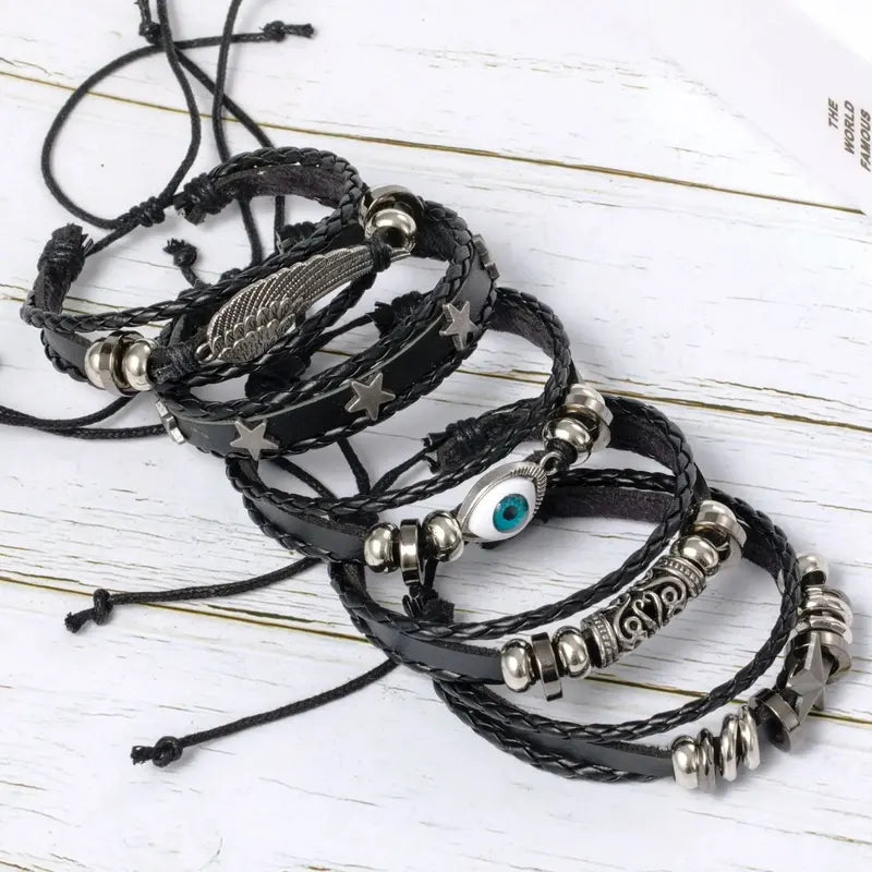 Evil Eye Wing Star Punk Style Leather & Bead Bracelet Set - 5pcs