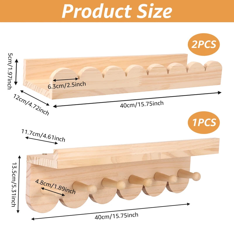 Wooden Floating Wall Shelves with Hooks - Nursery and Living Room Storage Organizer