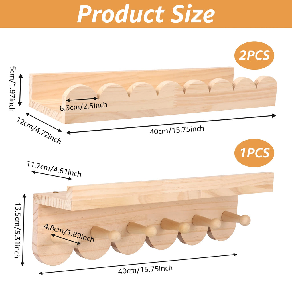 Wooden Floating Wall Shelves with Hooks - Nursery and Living Room Storage Organizer