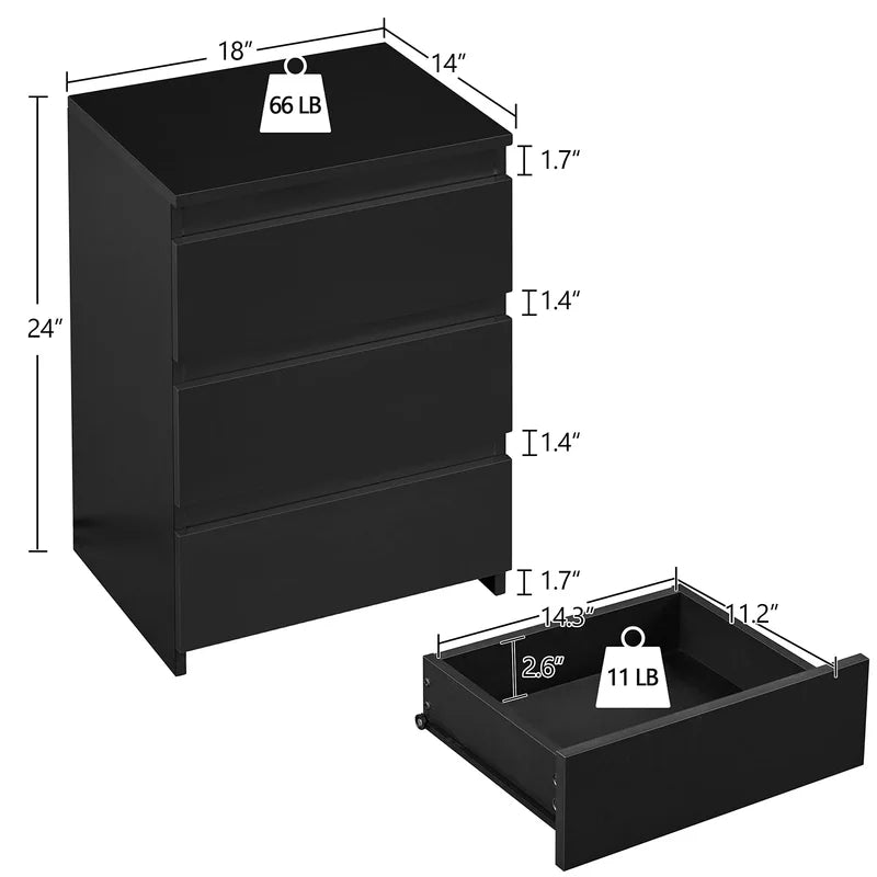 Nightstand with 3 Drawers - Wooden Bedside Table with Storage for Bedroom, Living Room, Office - Black