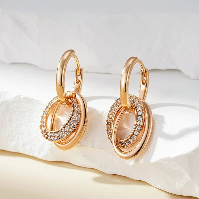 Double Hoop Zircon Earrings for Women 585 Rose Gold Finish Jewelry Sets