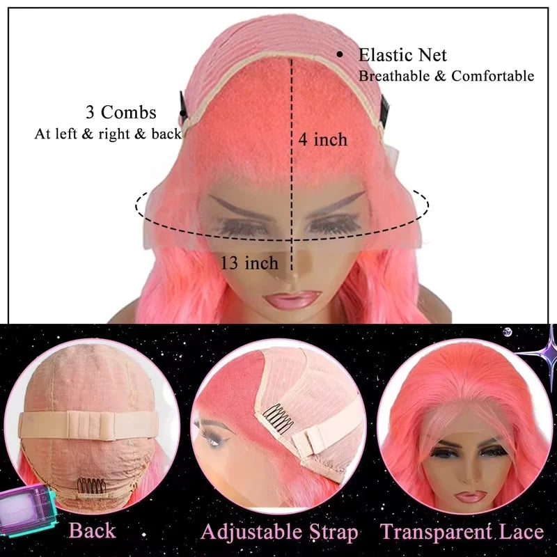 250% Density Light Pink Human Hair Wig 30 Inch Lace Frontal 13x6