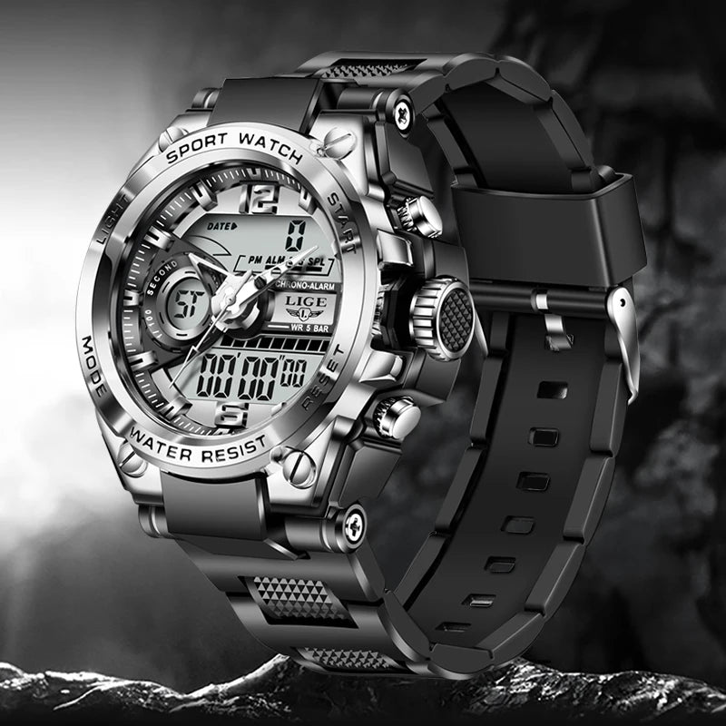 Men's Sport Watch 50M Waterproof Dual Display LED Chronograph Quartz Wristwatch Gift Set