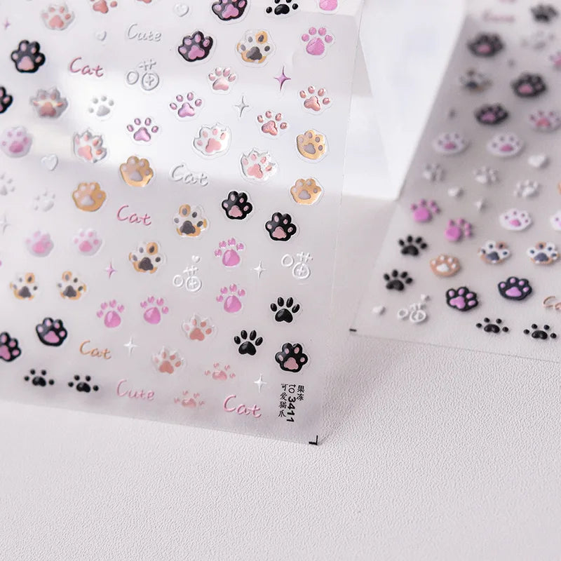 Cute Cat Nail Stickers - 3D Embossed Jelly Pink & Cartoon Paw Designs