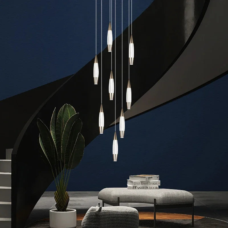 Modern Staircase Chandelier LED Long Wire Pendant Light Black Gold for Living & Dining