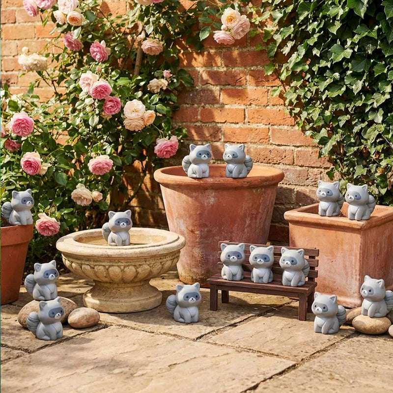 Mini Raccoon Resin Figurines Set - Small Animal Ornaments for Micro Landscape Decor