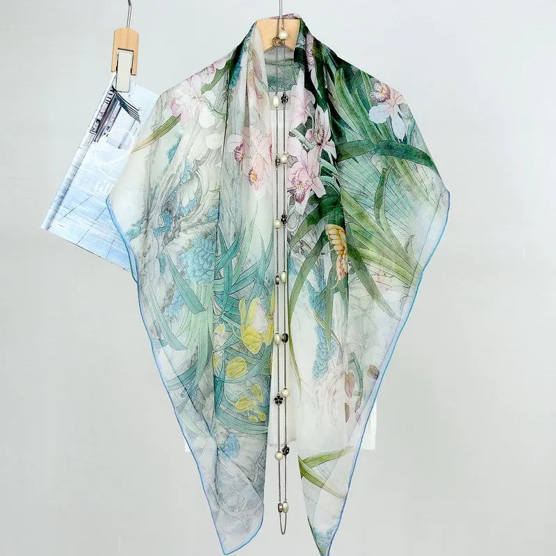 Lightweight Floral Silk Chiffon Scarf for Women - Summer Sun Protection Wrap
