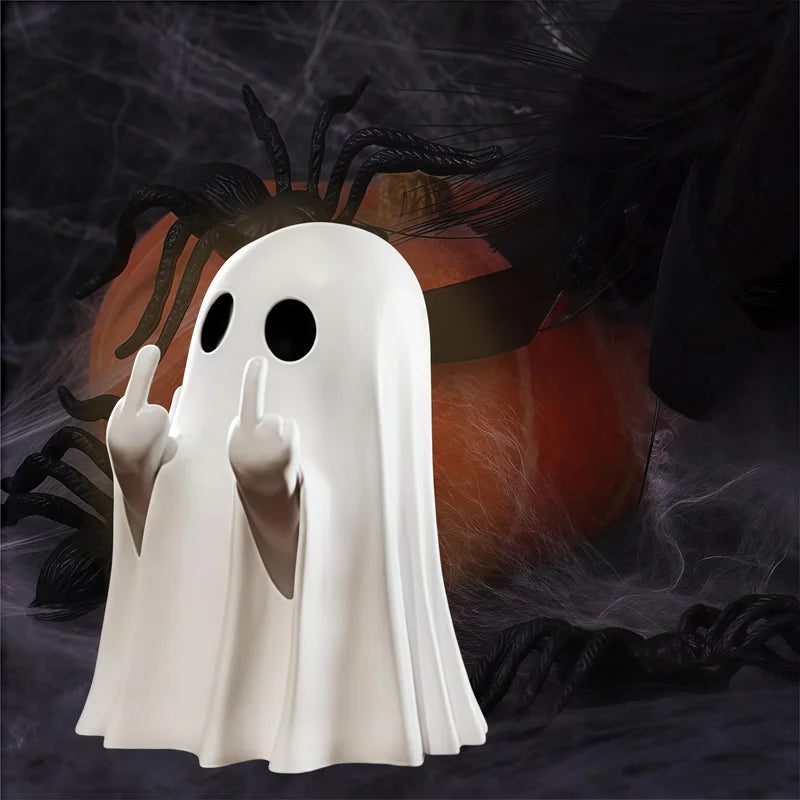 Cute Ghost Middle Finger Statue Halloween Decor for Coffee Table - Small Quirky Centerpiece