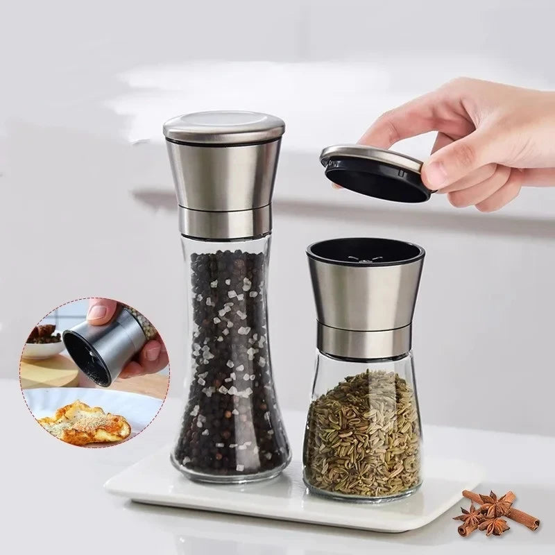 Manual Salt and Pepper Grinder Set - 180/200ML Stainless Steel Glass Spice Bottles for Kitchen