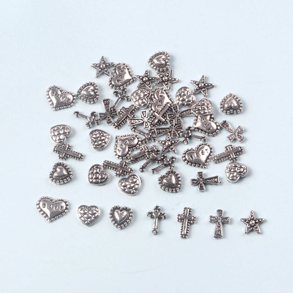 50PCS Mixed 3D Punk Silver Heart Cross Nail Charms for Manicure Nail Art