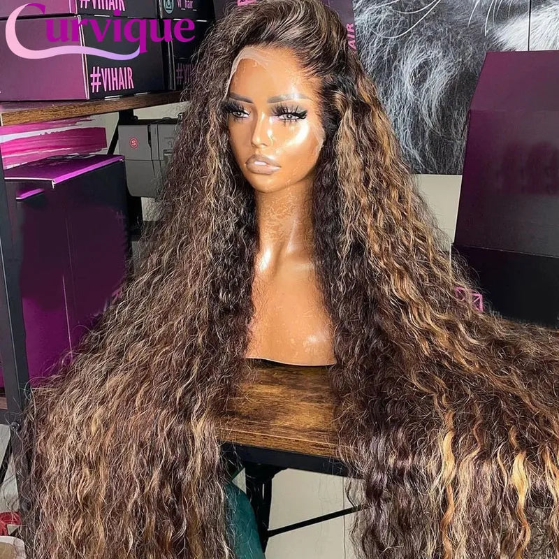 Curvique Human Hair Wigs for Women - Blonde Highlight, Deep Wave, 13x4 & 13x6 Lace Front