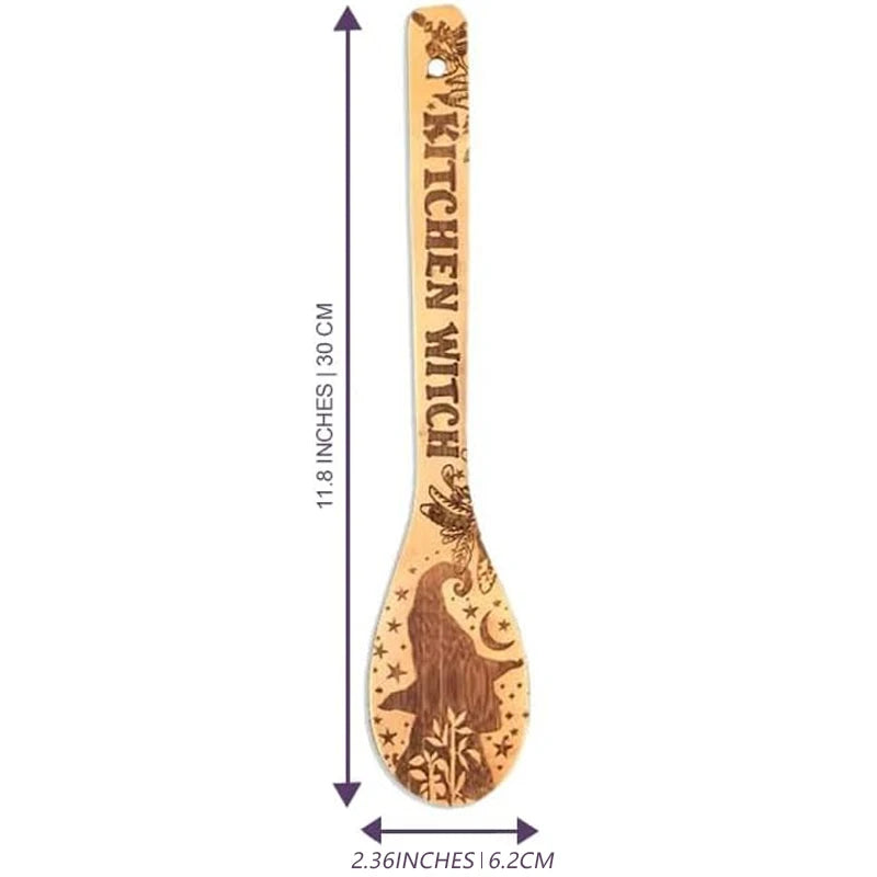 Halloween Witchy Bamboo Wooden Spoon Set - Eco-Friendly Kitchen Utensils - 3 Pieces with Mystical Engraved Designs